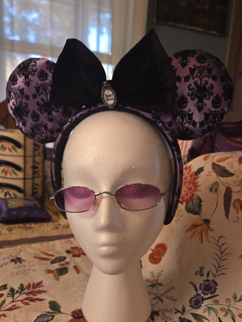 Disney Haunted Mansion Mouse Ears, Black Velvet, Purple satiny Wallpaper fabric